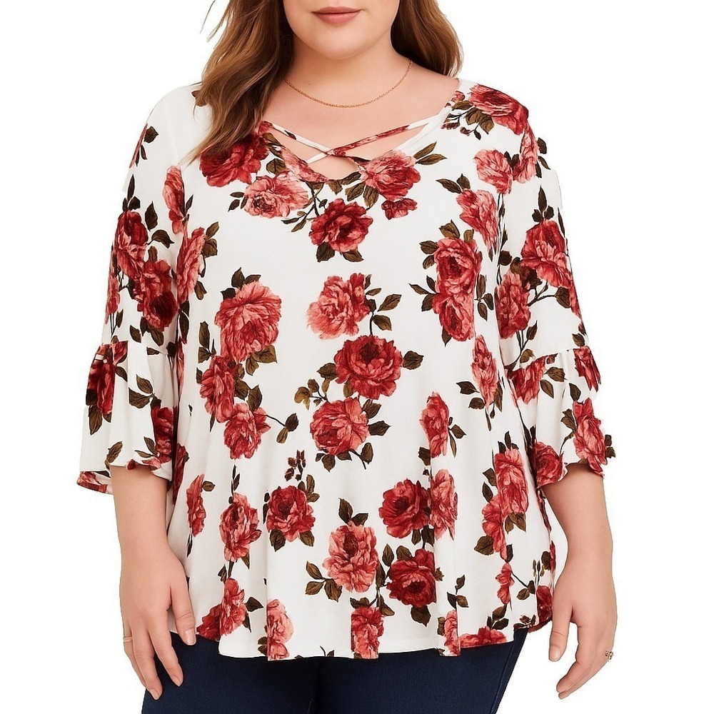 Torrid White Floral Crisscross Neck 3/4 Bell Sleeve Blouse Womens 1X Romantic - Picture 3 of 13
